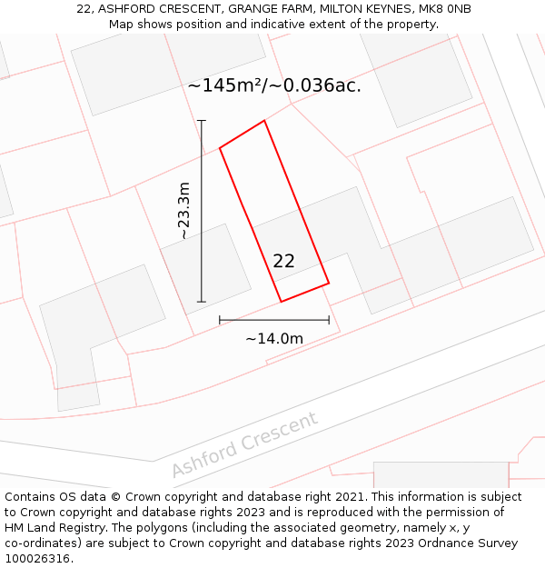 22, ASHFORD CRESCENT, GRANGE FARM, MILTON KEYNES, MK8 0NB: Plot and title map