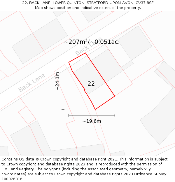 22, BACK LANE, LOWER QUINTON, STRATFORD-UPON-AVON, CV37 8SF: Plot and title map