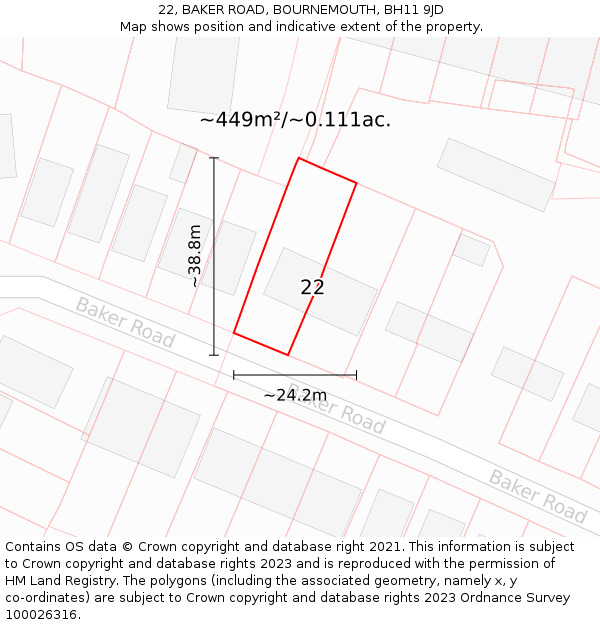 22, BAKER ROAD, BOURNEMOUTH, BH11 9JD: Plot and title map