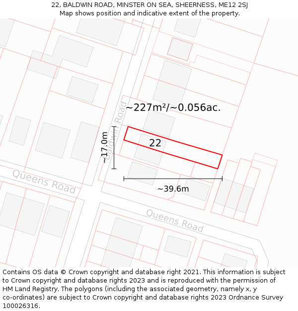 22, BALDWIN ROAD, MINSTER ON SEA, SHEERNESS, ME12 2SJ: Plot and title map