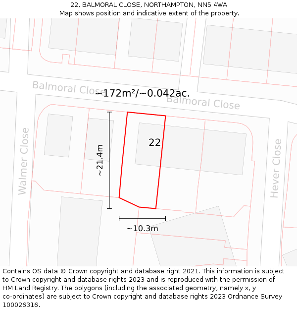 22, BALMORAL CLOSE, NORTHAMPTON, NN5 4WA: Plot and title map