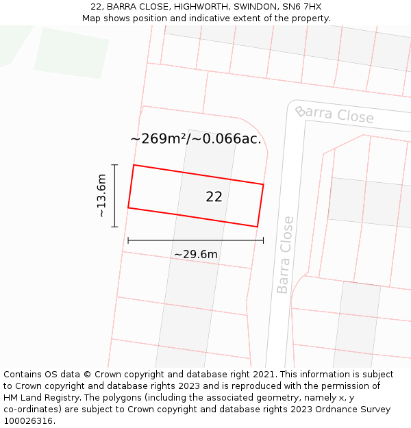 22, BARRA CLOSE, HIGHWORTH, SWINDON, SN6 7HX: Plot and title map