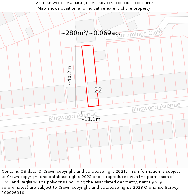 22, BINSWOOD AVENUE, HEADINGTON, OXFORD, OX3 8NZ: Plot and title map