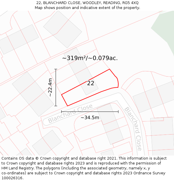22, BLANCHARD CLOSE, WOODLEY, READING, RG5 4XQ: Plot and title map