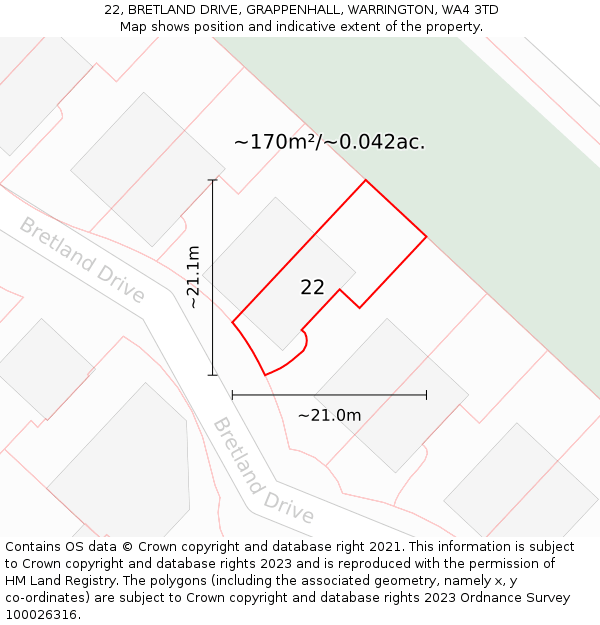 22, BRETLAND DRIVE, GRAPPENHALL, WARRINGTON, WA4 3TD: Plot and title map