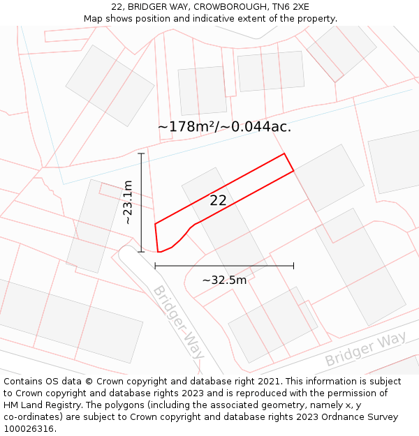 22, BRIDGER WAY, CROWBOROUGH, TN6 2XE: Plot and title map