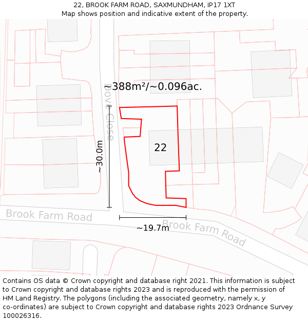 22, BROOK FARM ROAD, SAXMUNDHAM, IP17 1XT: Plot and title map