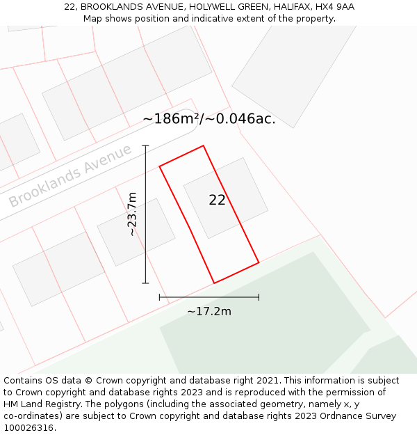 22, BROOKLANDS AVENUE, HOLYWELL GREEN, HALIFAX, HX4 9AA: Plot and title map