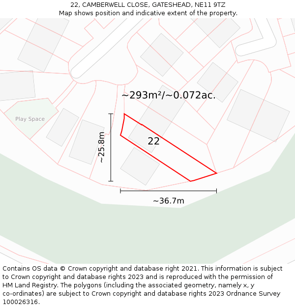 22, CAMBERWELL CLOSE, GATESHEAD, NE11 9TZ: Plot and title map