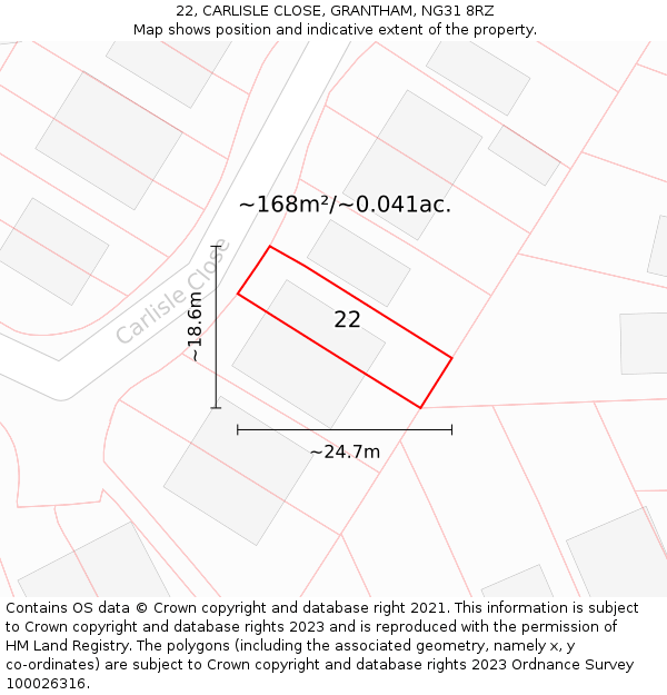 22, CARLISLE CLOSE, GRANTHAM, NG31 8RZ: Plot and title map