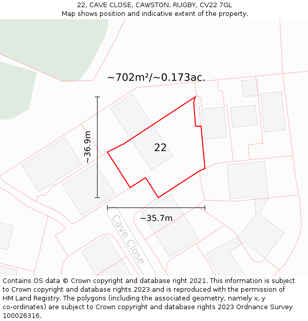 22, CAVE CLOSE, CAWSTON, RUGBY, CV22 7GL: Plot and title map