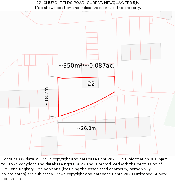 22, CHURCHFIELDS ROAD, CUBERT, NEWQUAY, TR8 5JN: Plot and title map