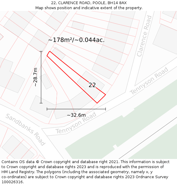 22, CLARENCE ROAD, POOLE, BH14 8AX: Plot and title map