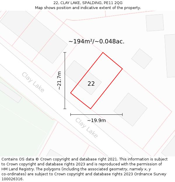 22, CLAY LAKE, SPALDING, PE11 2QG: Plot and title map