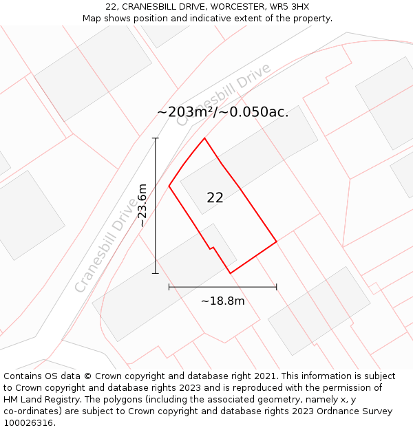 22, CRANESBILL DRIVE, WORCESTER, WR5 3HX: Plot and title map