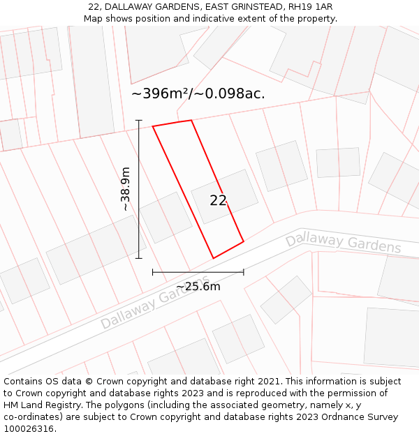 22, DALLAWAY GARDENS, EAST GRINSTEAD, RH19 1AR: Plot and title map