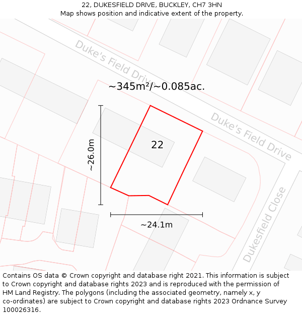 22, DUKESFIELD DRIVE, BUCKLEY, CH7 3HN: Plot and title map