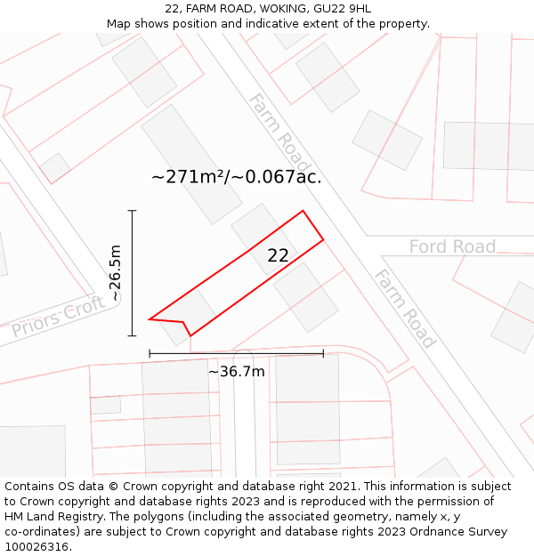 22, FARM ROAD, WOKING, GU22 9HL: Plot and title map