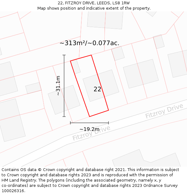 22, FITZROY DRIVE, LEEDS, LS8 1RW: Plot and title map