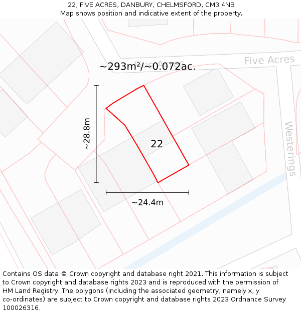 22, FIVE ACRES, DANBURY, CHELMSFORD, CM3 4NB: Plot and title map
