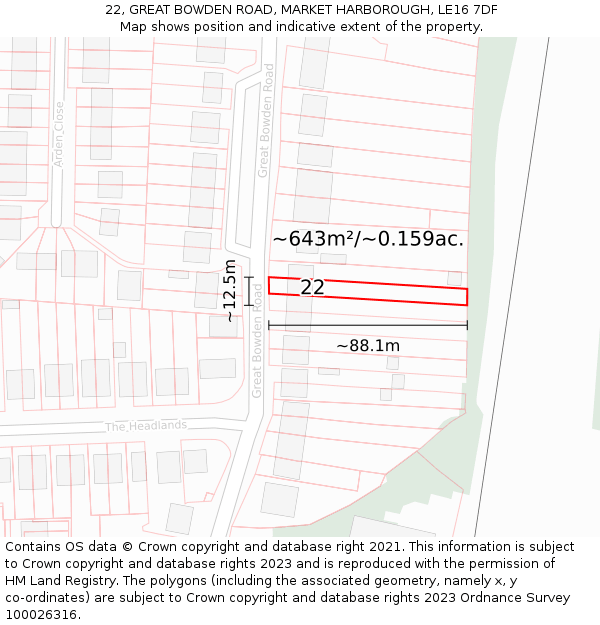 22, GREAT BOWDEN ROAD, MARKET HARBOROUGH, LE16 7DF: Plot and title map