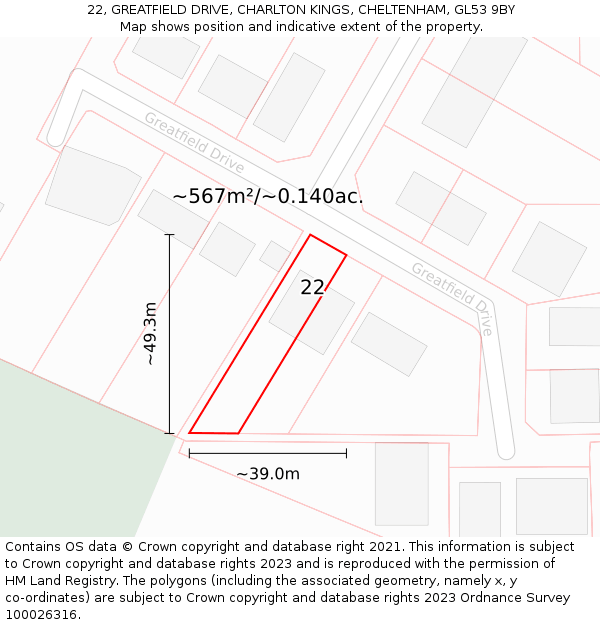 22, GREATFIELD DRIVE, CHARLTON KINGS, CHELTENHAM, GL53 9BY: Plot and title map