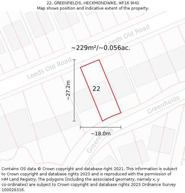 22, GREENFIELDS, HECKMONDWIKE, WF16 9HG: Plot and title map