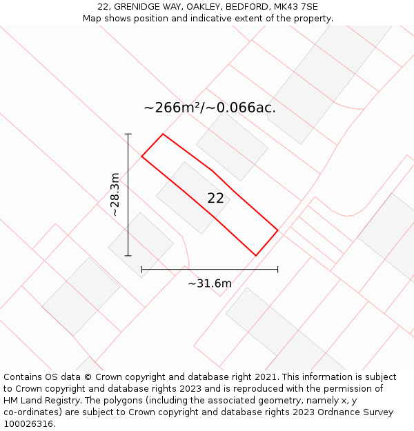 22, GRENIDGE WAY, OAKLEY, BEDFORD, MK43 7SE: Plot and title map