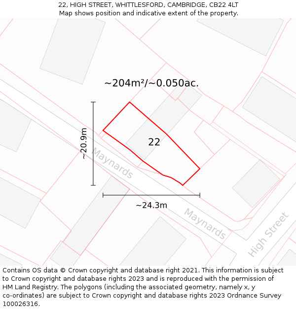 22, HIGH STREET, WHITTLESFORD, CAMBRIDGE, CB22 4LT: Plot and title map