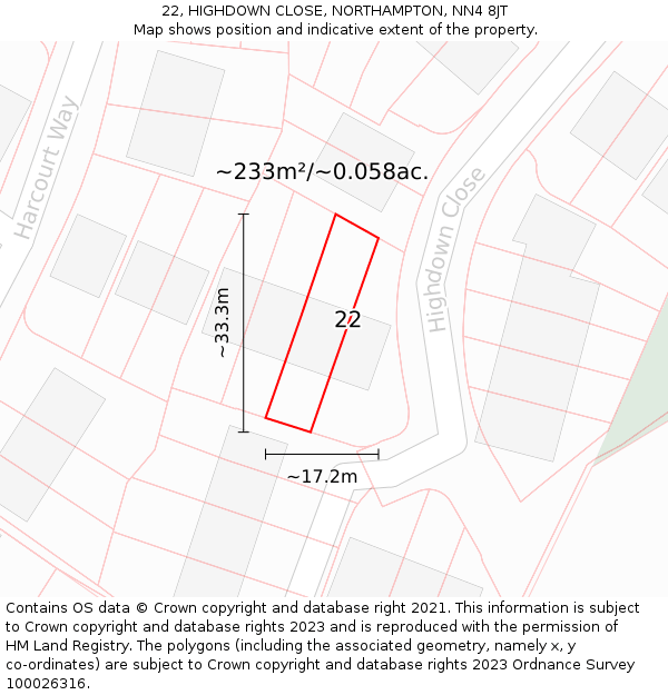 22, HIGHDOWN CLOSE, NORTHAMPTON, NN4 8JT: Plot and title map