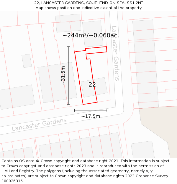 22, LANCASTER GARDENS, SOUTHEND-ON-SEA, SS1 2NT: Plot and title map