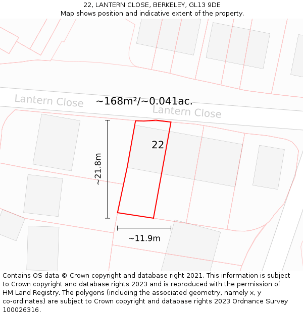 22, LANTERN CLOSE, BERKELEY, GL13 9DE: Plot and title map