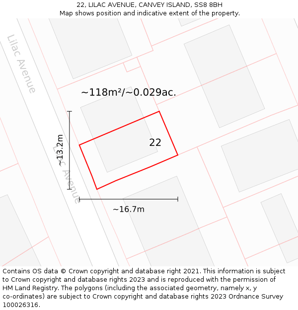 22, LILAC AVENUE, CANVEY ISLAND, SS8 8BH: Plot and title map