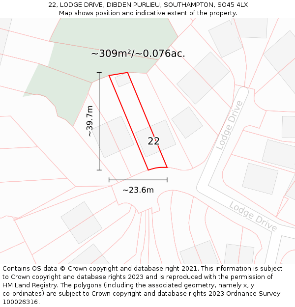 22, LODGE DRIVE, DIBDEN PURLIEU, SOUTHAMPTON, SO45 4LX: Plot and title map