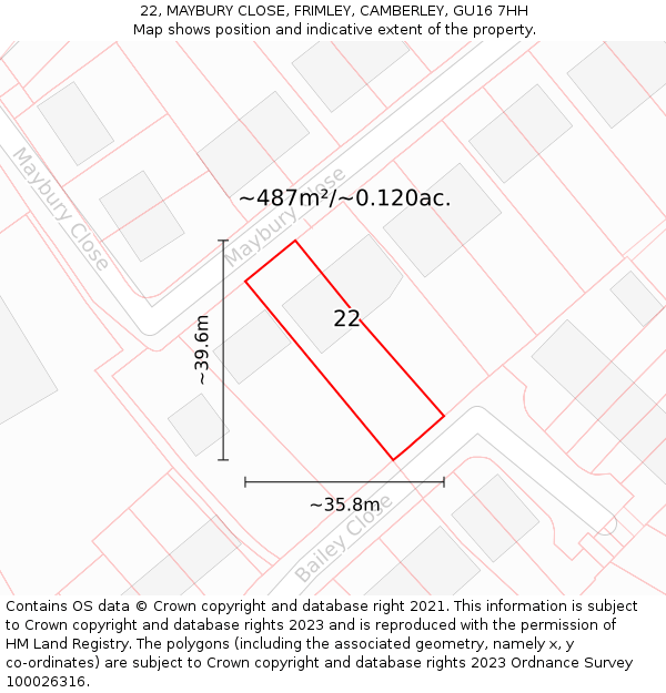 22, MAYBURY CLOSE, FRIMLEY, CAMBERLEY, GU16 7HH: Plot and title map