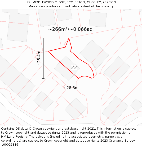 22, MIDDLEWOOD CLOSE, ECCLESTON, CHORLEY, PR7 5QG: Plot and title map