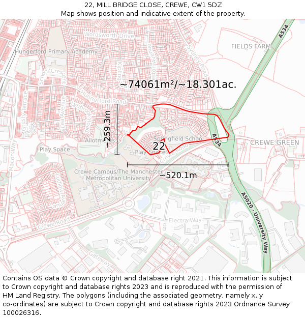 22, MILL BRIDGE CLOSE, CREWE, CW1 5DZ: Plot and title map