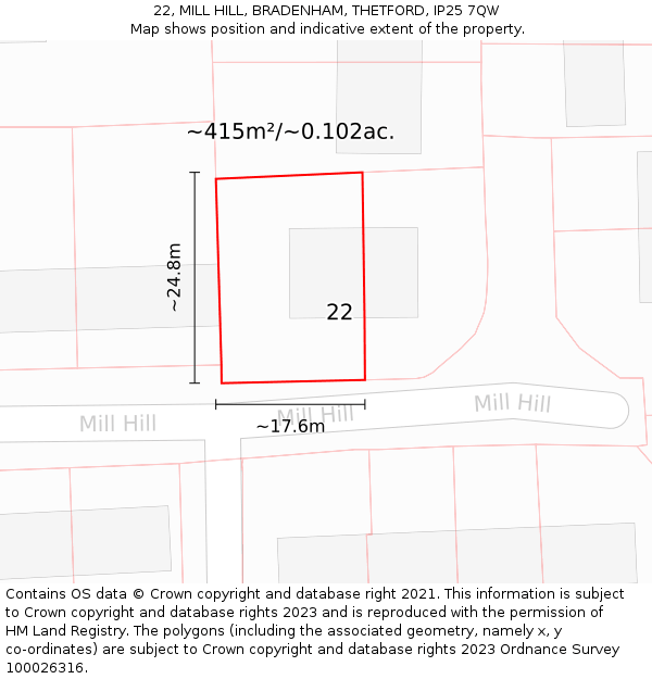 22, MILL HILL, BRADENHAM, THETFORD, IP25 7QW: Plot and title map