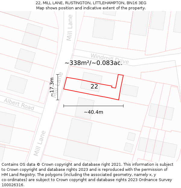 22, MILL LANE, RUSTINGTON, LITTLEHAMPTON, BN16 3EG: Plot and title map