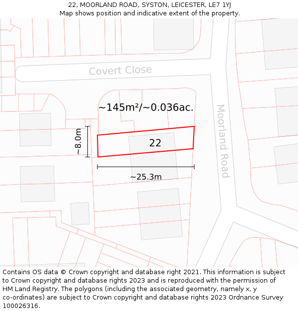 22, MOORLAND ROAD, SYSTON, LEICESTER, LE7 1YJ: Plot and title map