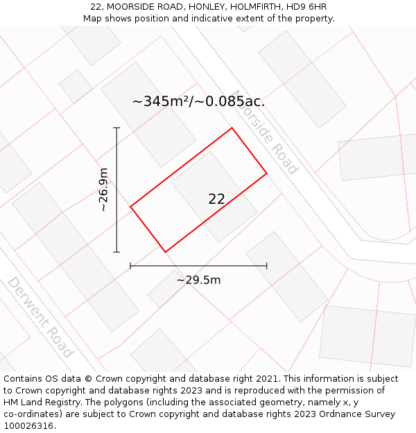 22, MOORSIDE ROAD, HONLEY, HOLMFIRTH, HD9 6HR: Plot and title map