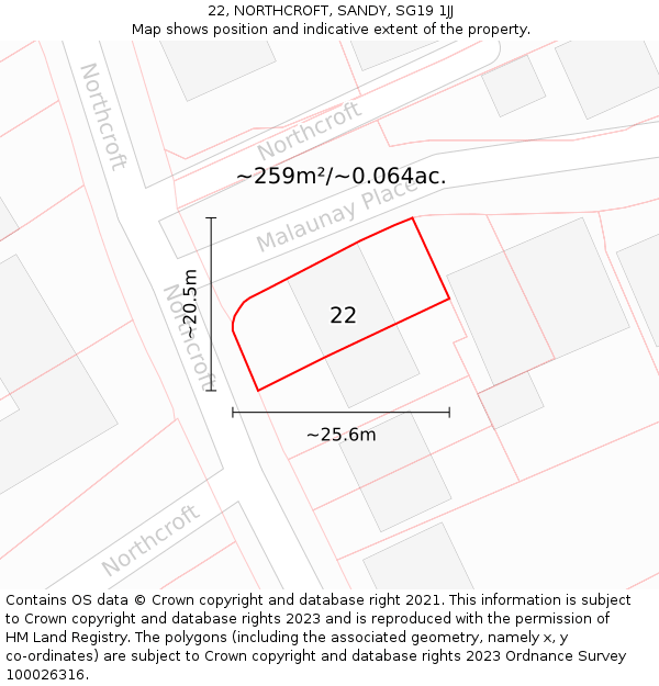 22, NORTHCROFT, SANDY, SG19 1JJ: Plot and title map