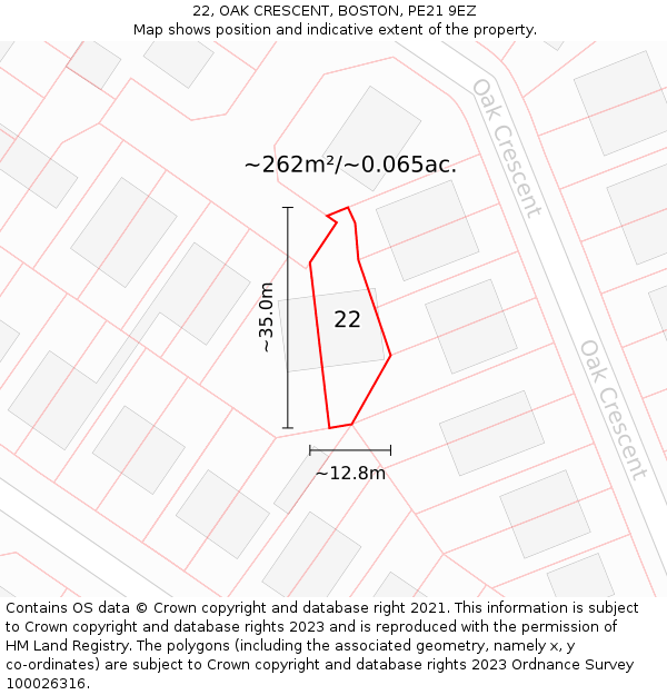 22, OAK CRESCENT, BOSTON, PE21 9EZ: Plot and title map