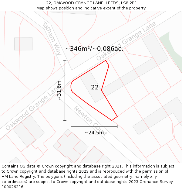 22, OAKWOOD GRANGE LANE, LEEDS, LS8 2PF: Plot and title map