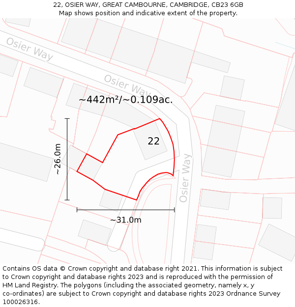 22, OSIER WAY, GREAT CAMBOURNE, CAMBRIDGE, CB23 6GB: Plot and title map