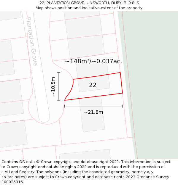 22, PLANTATION GROVE, UNSWORTH, BURY, BL9 8LS: Plot and title map