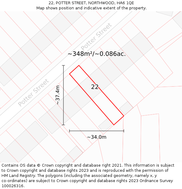 22, POTTER STREET, NORTHWOOD, HA6 1QE: Plot and title map