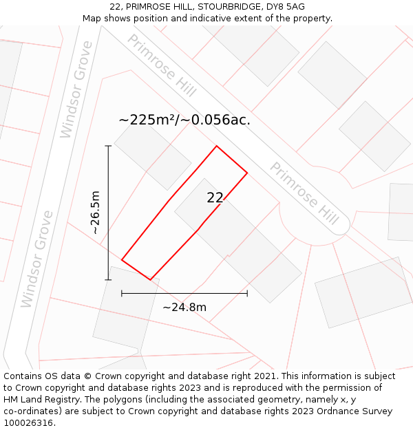 22, PRIMROSE HILL, STOURBRIDGE, DY8 5AG: Plot and title map
