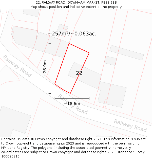 22, RAILWAY ROAD, DOWNHAM MARKET, PE38 9EB: Plot and title map