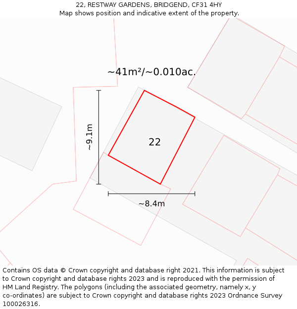 22, RESTWAY GARDENS, BRIDGEND, CF31 4HY: Plot and title map